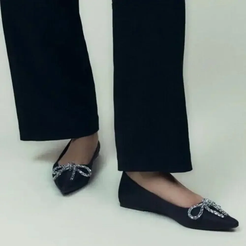 ZARA Rhinestone Bow Pointed Toe Ballet Flats NWT Black Size 7.5